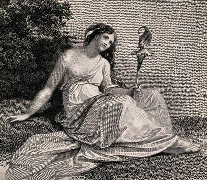 A young woman sits holding a puppet of Punchinello in her hand. Engraving.