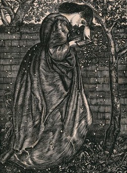 A young woman is leaning against a wall reading a book as snowflakes fall. Wood engraving by Dalziel Brothers, 1863, after E. Burne-Jones.