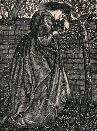 A young woman is leaning against a wall reading a book as snowflakes fall. Wood engraving by Dalziel Brothers, 1863, after E. Burne-Jones.