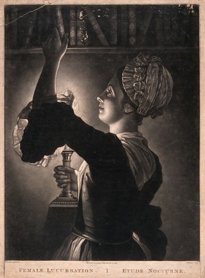 view A young woman, wearing an apron and a cap, holding a lamp to light the shelf as she takes down a book. Mezzotint by P. Dawe after J. Foldsone.