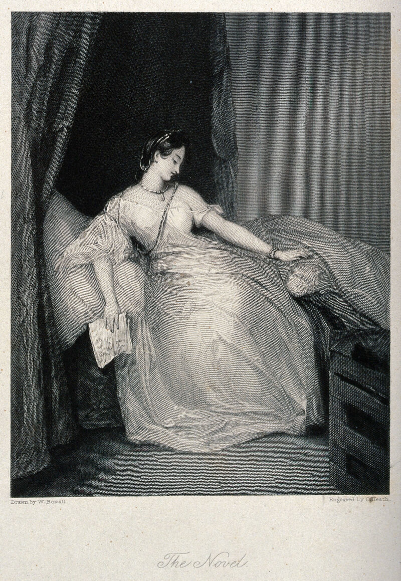 A young woman reclines in a couch with a book held loosely in her hand as she muses on what she has read. Engraving by C. Heath after W. Boxall., by William Boxall