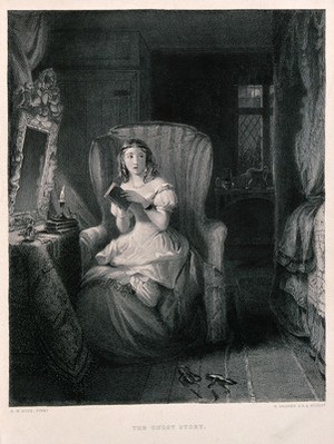 view A young woman is sitting in a chair reading a story which has made her nervous. Engraving by R. Graves after R.W. Buss.