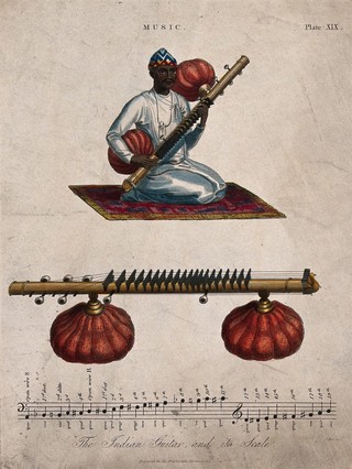 An Indian man is sitting on a carpet playing the sitar; below, the sitar and a musical scale. Coloured engraving by J. Pass.
