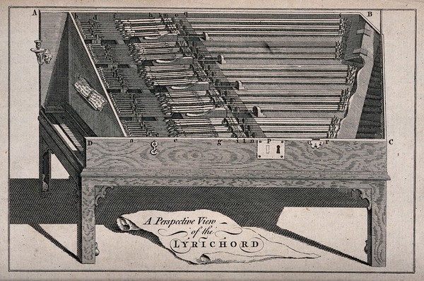 The lyrichord, a musical instrument. Engraving.