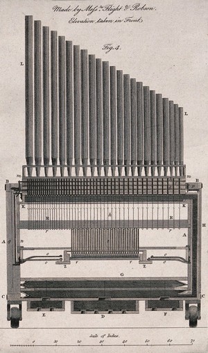 view Musical organ pipes made by Flight & Robson. Engraving.