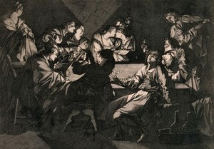 view A private concert at night: people around a table are playing music, embracing and singing. Engraving after J. Leclerc.