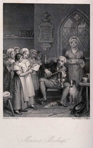 view A man is playing a violin to a accompany a group of girls singing. Engraving by J. Goodyear after J.M. Wright.