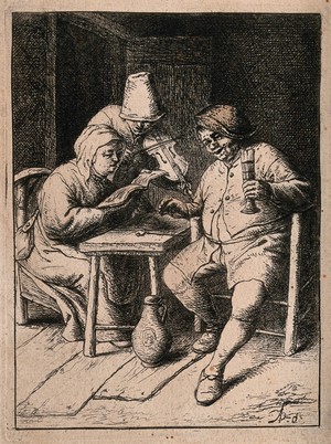 view A woman holding a songbook (left) and a man holding a glass (right) are singing to the accompaniment of a man playing the violin. Etching  after A. van Ostade.