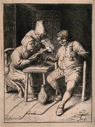A woman holding a songbook (left) and a man holding a glass (right) are singing to the accompaniment of a man playing the violin. Etching  after A. van Ostade.