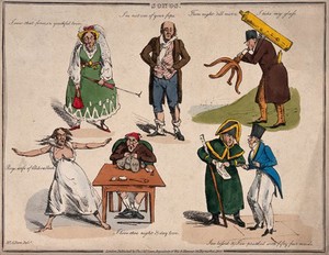 view Men and women misrepresenting the subjects of six popular songs. Coloured soft-ground etching after H. Alken, 1822.