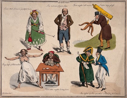 Men and women misrepresenting the subjects of six popular songs. Coloured soft-ground etching after H. Alken, 1822.