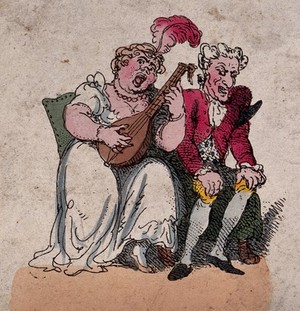 view A woman accompanies herself on the lute as she sings, the man next to her is grimacing as he listens. Coloured etching.