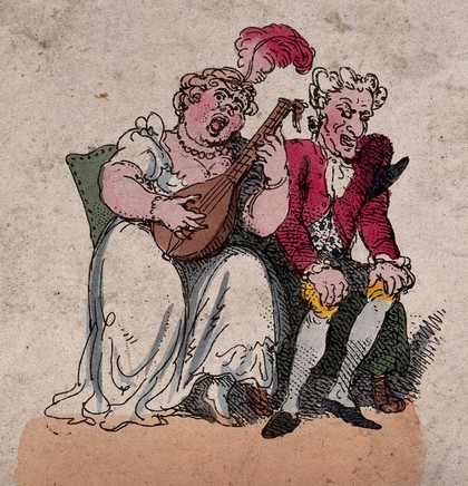 A woman accompanies herself on the lute as she sings, the man next to her is grimacing as he listens. Coloured etching.