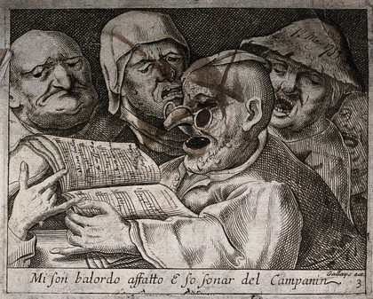 A man wearing spectacles is singing from the songbook he is holding as three others join in and a fourth man keeps his mouth shut. Etching attributed to J. de Saint-Igny, ca. 1630.