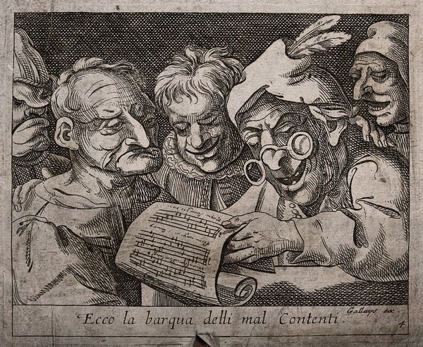 A man wearing spectacles and a feathered hat is singing from the songsheet he is holding: two men join in, while two others listen. Etching attributed to J. de Saint-Igny, ca. 1630.