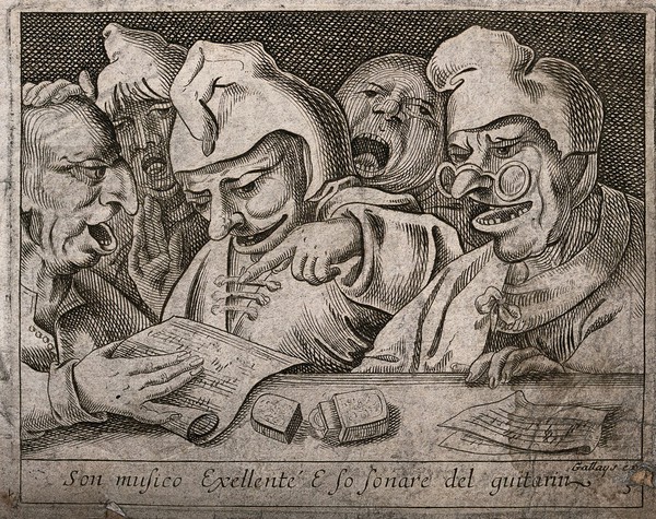 A man points to a sheet of music as he and four others sing. Etching attributed to J. de Saint-Igny, ca. 1630.