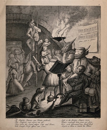 Figures with animal heads are playing musical instruments and singing from a book placed on a table in the middle of the room. Etching by Toms after E. Heemskerck.