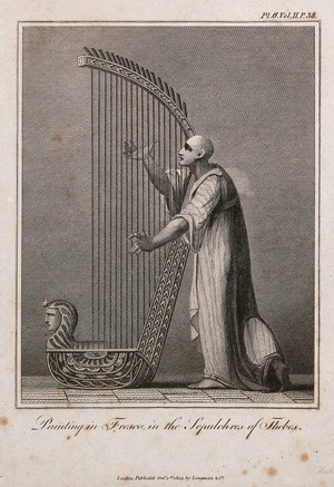 view An Egyptian man is playing a large harp adorned with the figurehead of a woman. Engraving.