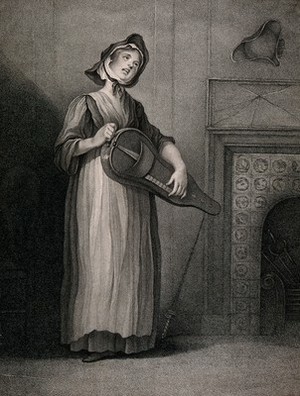 view A Savoyard girl standing near to a fire place playing the hurdy-gurdy. Stipple engraving by G. Sherlock, 1799, after W. Hogarth.