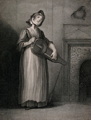 A Savoyard girl standing near to a fire place playing the hurdy-gurdy. Stipple engraving by G. Sherlock, 1799, after W. Hogarth.