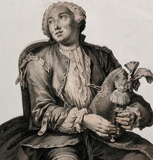 view A man wearing a wig and a cravat, holding the bagpipes and looking towards a woman on his right. Engraving by R. Gaillard, 1743, after S. Leclerc.