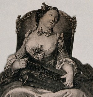 view A woman sitting in a chair playing the hurdy-gurdy and looking towards a man on her left. Engraving by R. Gaillard, 1743, after S. Leclerc.