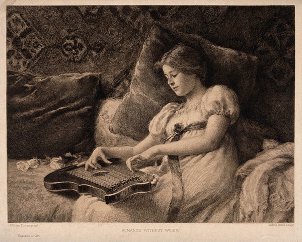 A girl leans against cushions on a sofa while playing a zither which she holds on her lap. Etching by James Dobie, 1891, after William Thorne.