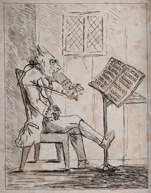 view A man is playing a violin as he looks at the music score on a stand in front of him. Etching attributed to James Bretherton.