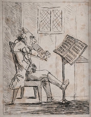 A man is playing a violin as he looks at the music score on a stand in front of him. Etching attributed to James Bretherton.