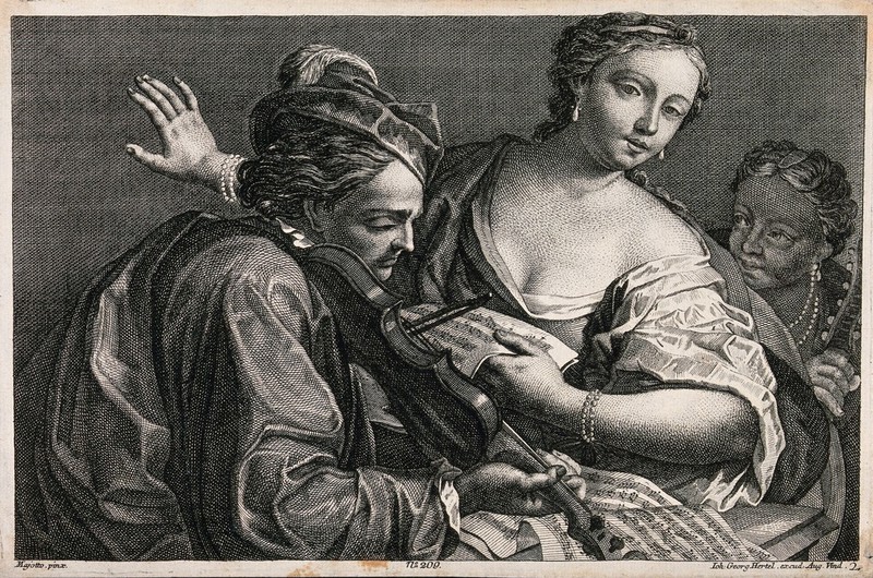 Two musicians play the violin and lute as a woman sings. Engraving after D. Maggiotto., by Domenico Maggiotto