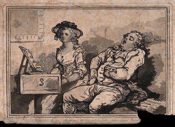 A man has fallen asleep as a young woman plays the piano. Etching and aquatint by Thomas Rowlandson after himself, 1784.