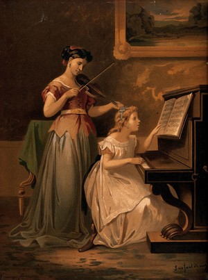 view A girl plays the piano as a young woman accompanies her on the violin. Chromolithograph by Thurwanger frères, 1878, after F.-L. Lanfant.