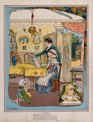 view A young man sings and turns the pages of the music as a girl plays the piano. Colour wood engraving (?) after George Cruikshank.