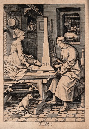 view A man plays the organ as his wife uses the bellows to provide the necessary air. Heliogravure by C. Amand Durand after I. van Meckenem.