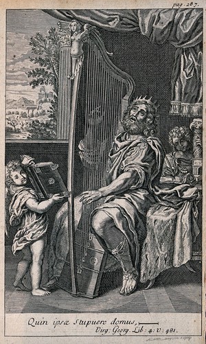 view King David is playing the harp as a boy holds open a book of music for him to follow and a woman sits at a writing desk in the background. Engraving by A. van Buysen, ca. 1728.