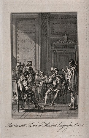 view Men and women are sitting around a table as a bard entertains them. Etching by R. Pranker after H. Gravelot.