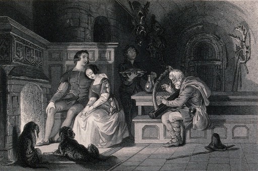 An old man plays a harp as a young couple sit together by a fire, with two dogs at their feet. Engraving by Frederick Heath after D. Maclise.