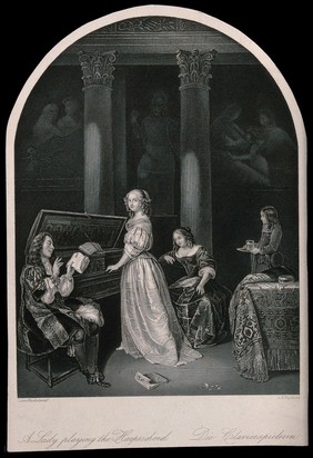 A young woman plays music as a man sings from a sheet, another woman listens and a child carries a glass on a tray. Engraving by A.H. Payne after Caspar Netscher.