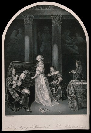 view A young woman plays music as a man sings from a sheet, another woman listens and a child carries a glass on a tray. Engraving by A.H. Payne after Caspar Netscher.
