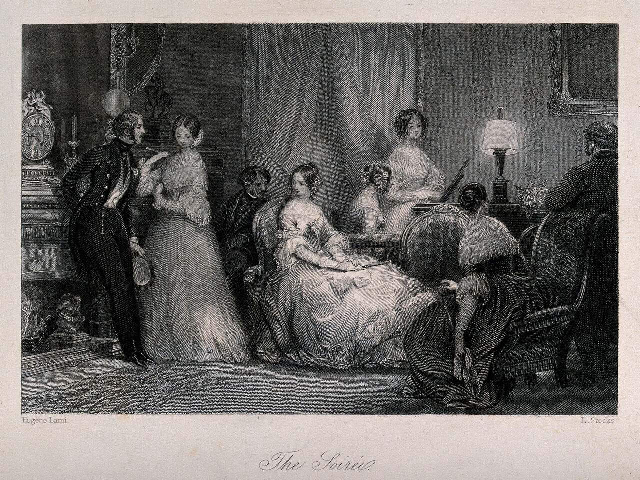 A group of young women and men are talking together in a room with a lamp on. Engraving by L. Stocks after Eugene Lami., by Eugène Lami