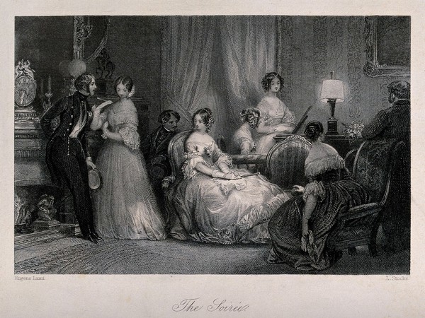A group of young women and men are talking together in a room with a lamp on. Engraving by L. Stocks after Eugene Lami.