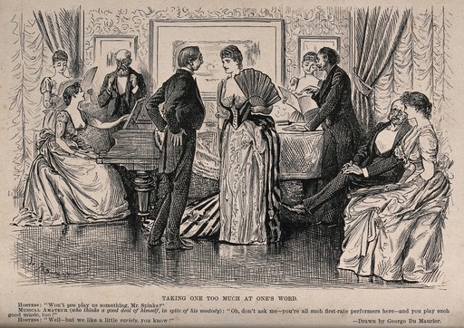 A man and woman stand talking together in the middle of the room as other couples amuse one another by playing the piano and singing. Wood engraving after George Du Maurier.