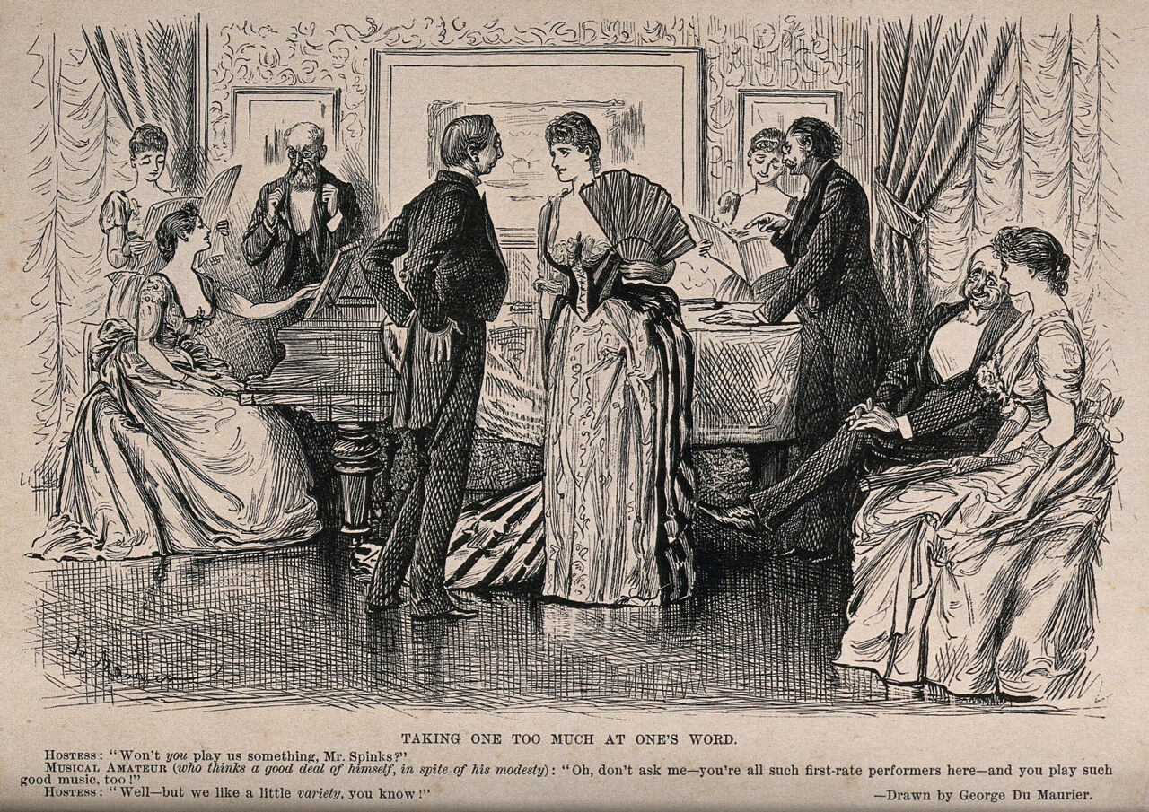 A man and woman stand talking together in the middle of the room as other couples amuse one another by playing the piano and singing. Wood engraving after George Du Maurier, ca. 1892 (?)., 1892, by George du Maurier