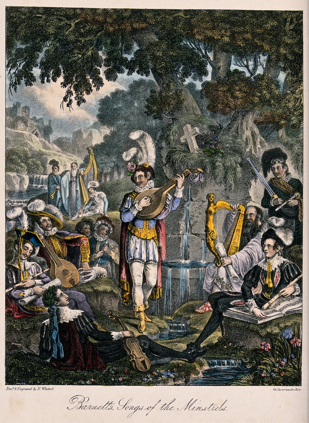 A man stands by a fountain playing music for his companions, who are also holding musical instruments. Coloured aquatint (?) by N. Whittock., 1800-1899, by Nathaniel Whittock