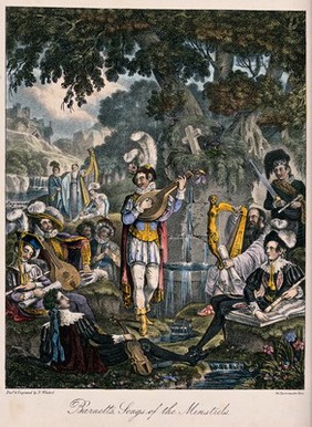 A man stands by a fountain playing music for his companions, who are also holding musical instruments. Coloured aquatint (?) by N. Whittock.