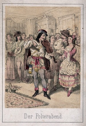 view Musicians playing at a Polterabend or eve-of-wedding party. Coloured lithograph.