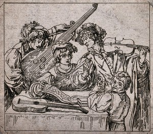 view Four musicians at a performance: the violinist points with his bow at the sheet music as another man plays the theorbo, and a guitar is placed on the table. Etching.