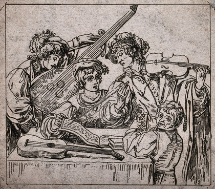 Four musicians at a performance: the violinist points with his bow at the sheet music as another man plays the theorbo, and a guitar is placed on the table. Etching.