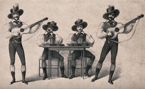 view Four musicians performing: two standing men play guitars, two seated men play zithers. Lithograph.