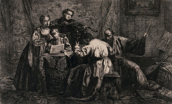 A musical rehearsal for a Jewish religious service (?). Etching by E. Moyse, 1865.